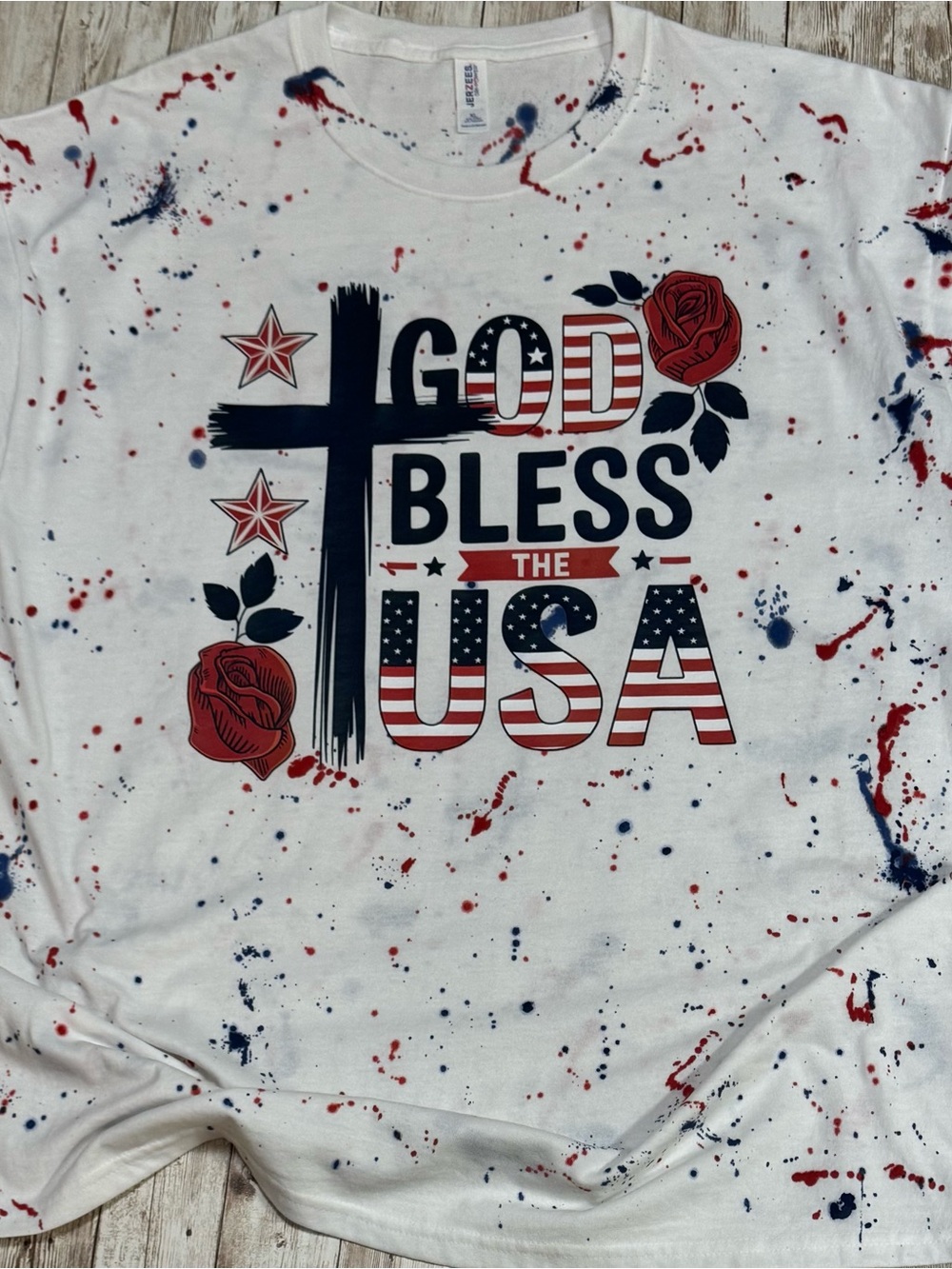 White with Red & Blue paint splattered God Bless the USA Shirt XL